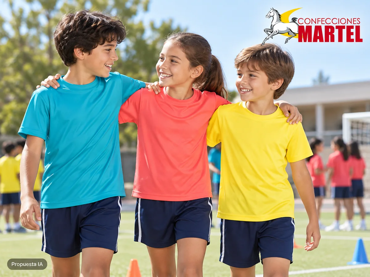 Propuesta ilustrativa Martel: tres escolares con camisetas de colores de equipo sin dorsales personales.
