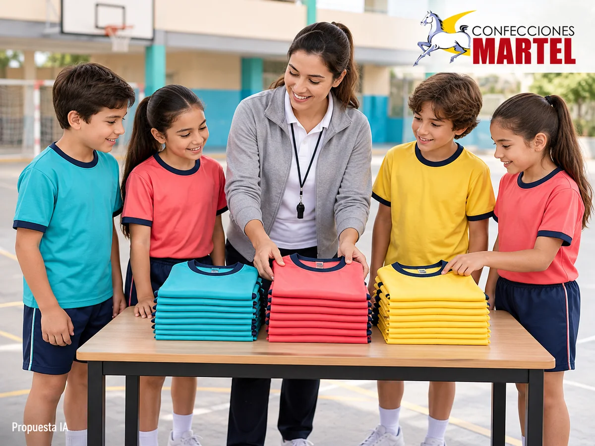Propuesta ilustrativa Martel: adulto ficticio con tres pilas de camisetas sin fichas de estudiantes.