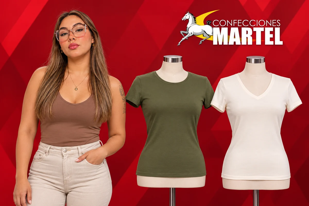 Camisetas oliva cuello redondo y blanca cuello V sobre maniquíes
