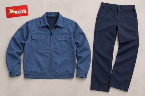 Casaca azul acero y pantalón azul marino extendidos sobre una superficie clara.
