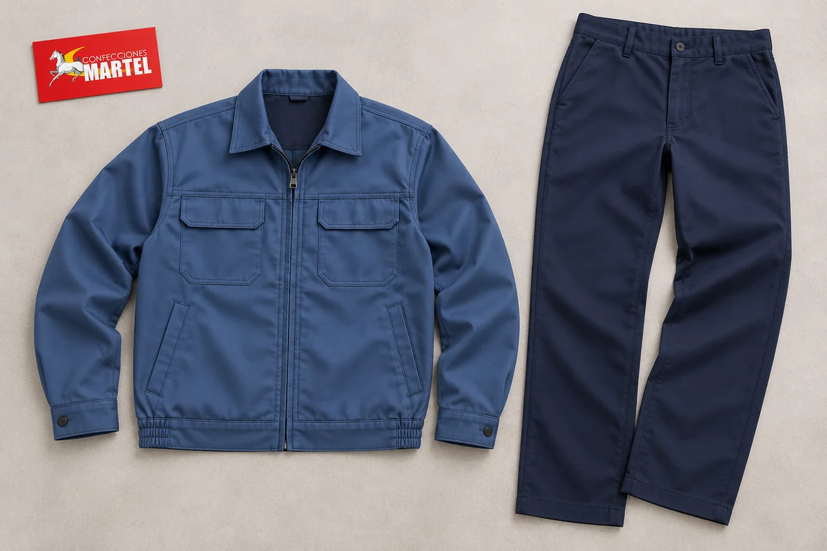 Casaca azul acero y pantalón azul marino extendidos sobre una superficie clara.