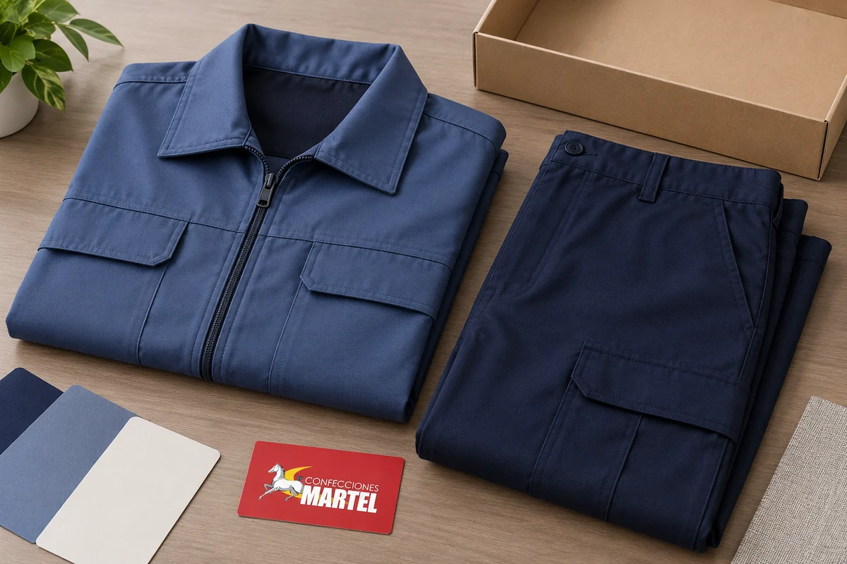 Casaca azul y pantalón marino doblados junto a tarjetas de color y caja vacía.