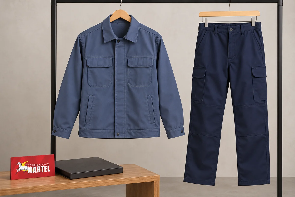 Casaca azul acero y pantalón marino con bolsillos laterales en perchas.