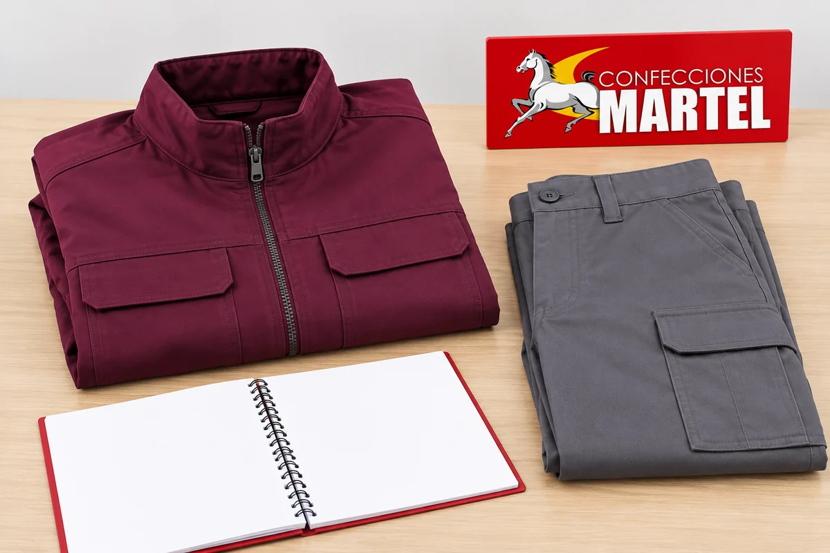 Casaca ciruela y pantalón gris doblados junto a cuaderno sin datos