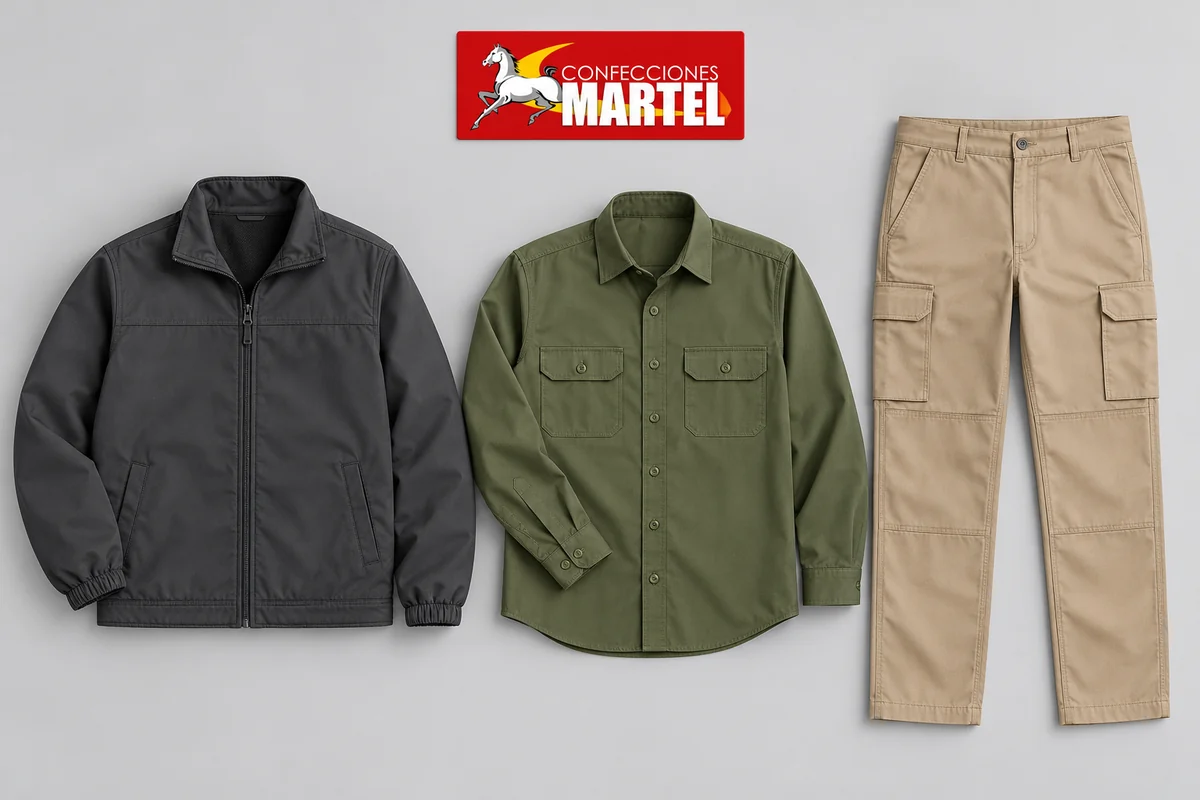 Casaca grafito, camisa oliva y pantalón arena extendidos por separado