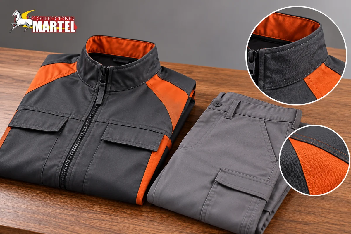 Casaca grafito y naranja doblada junto a pantalón gris, con ampliaciones del cuello y las costuras.