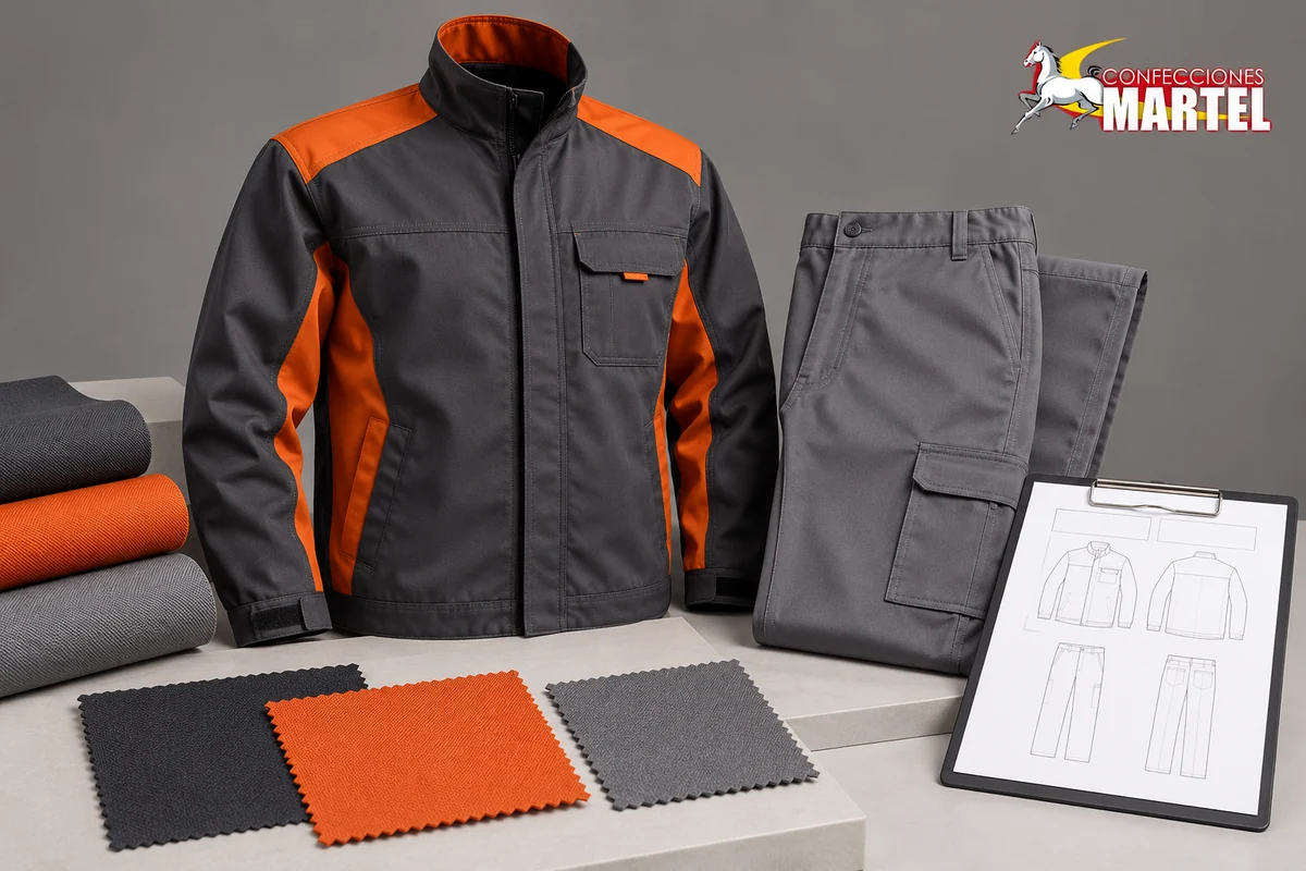 Casaca grafito con paneles naranja y pantalón gris junto a muestras textiles y dibujos de prendas sin datos.