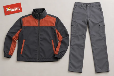Casaca grafito con paneles terracota y pantalón gris extendidos.