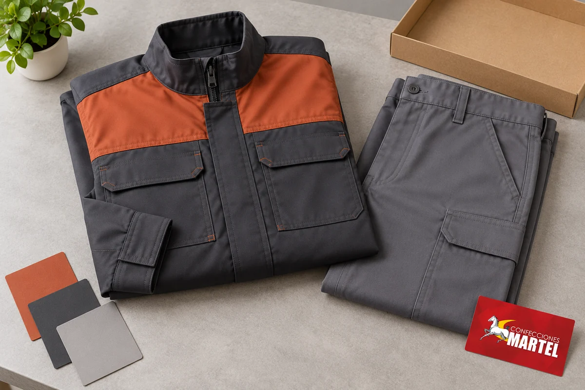 Casaca bicolor y pantalón gris doblados sobre mesa junto a muestras de color.