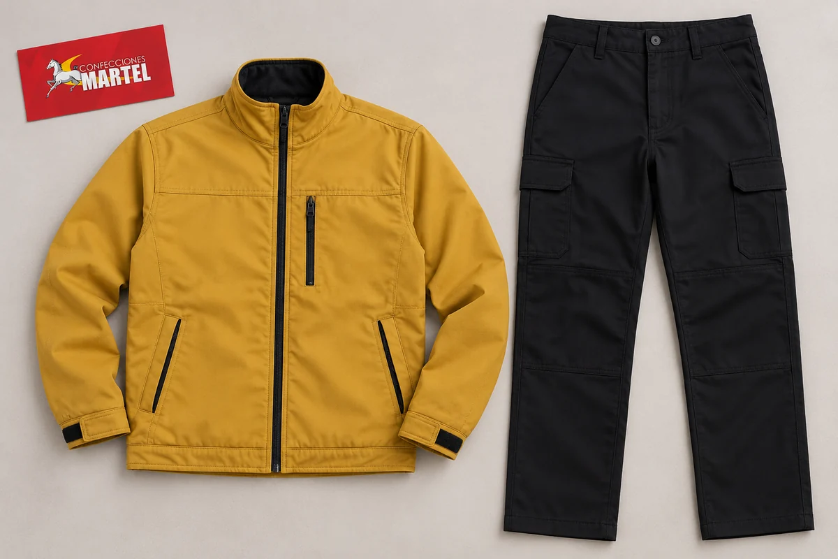 Casaca mostaza con cierre negro y pantalón negro extendidos.