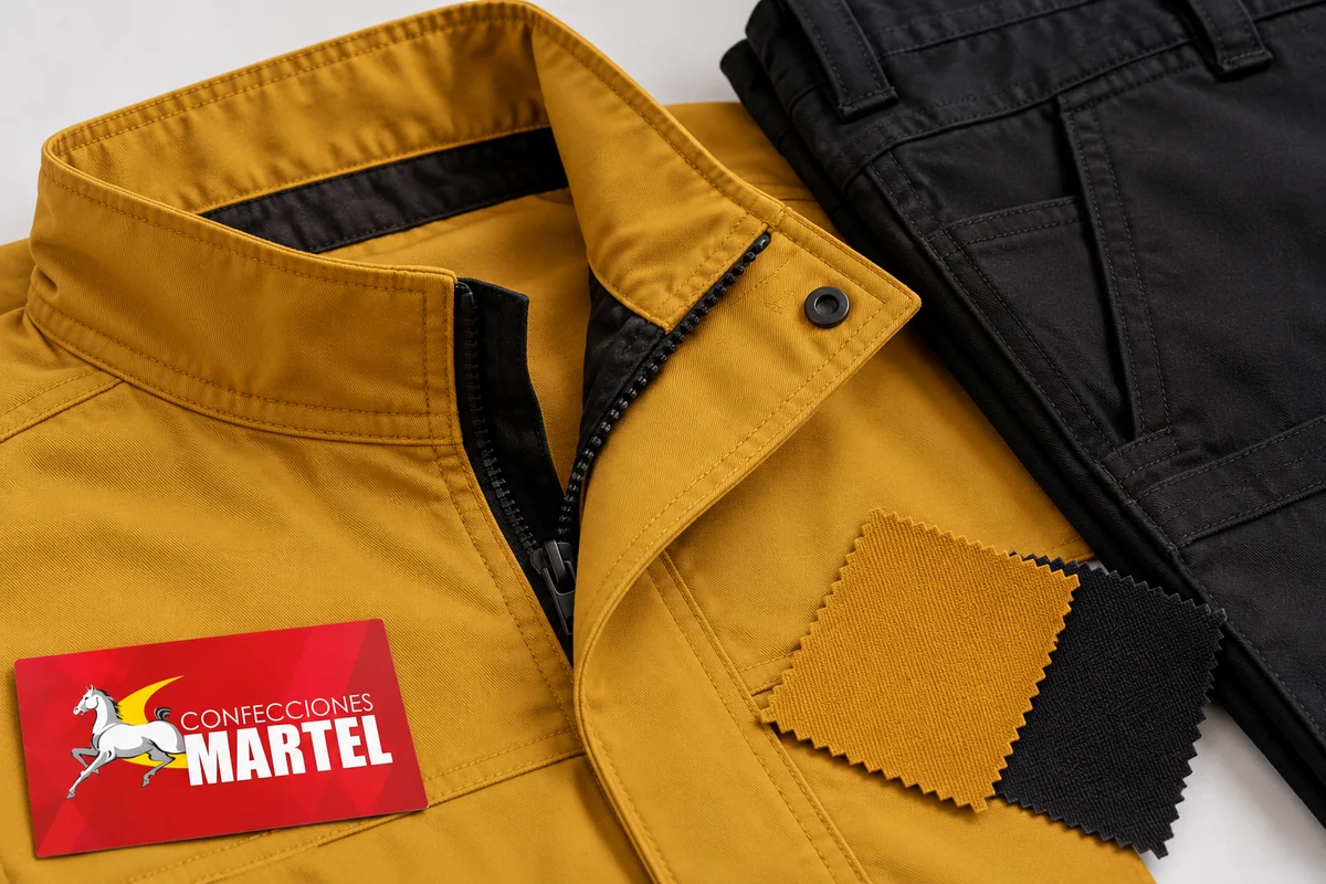 Detalle del cuello y cierre negro sobre casaca mostaza, con muestras textiles.