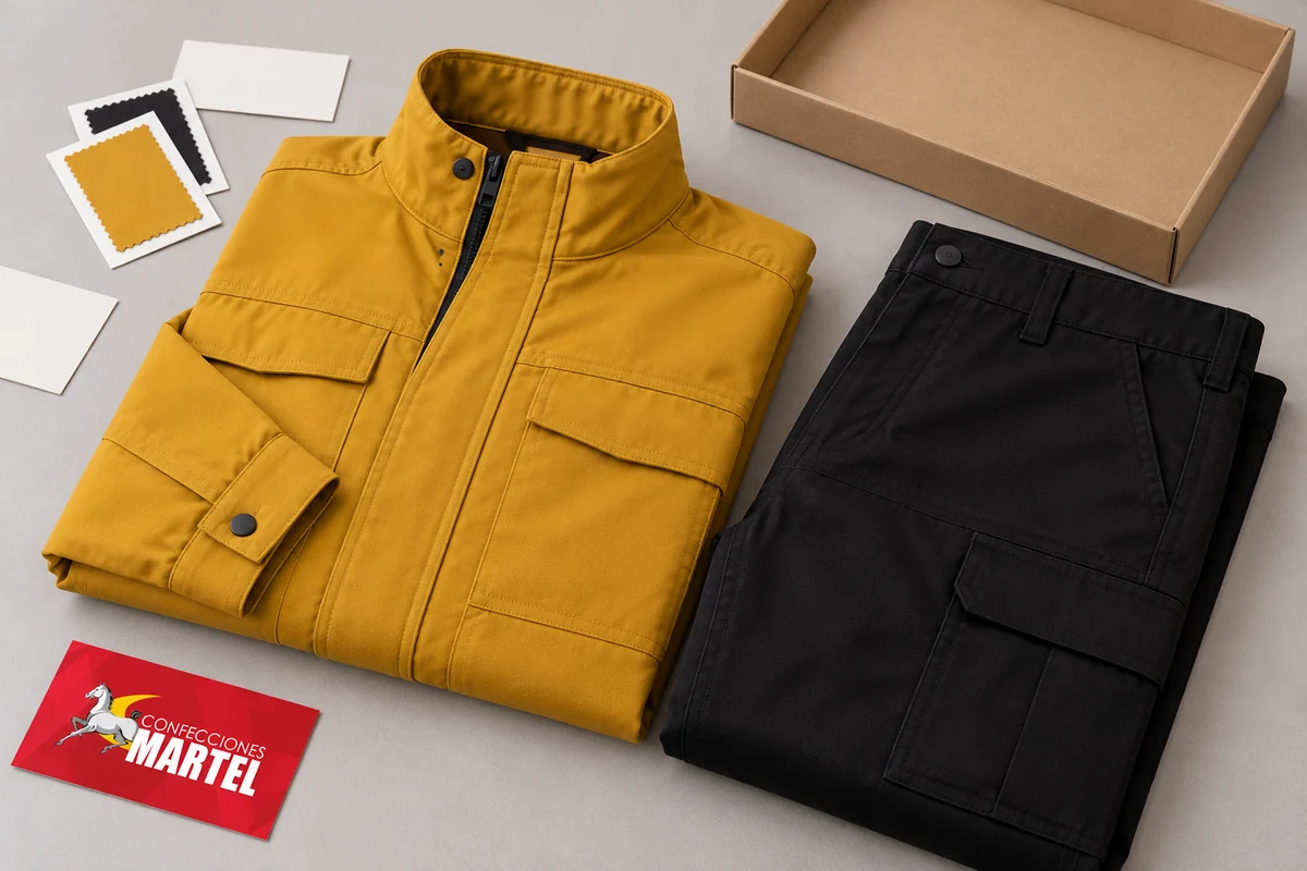 Casaca mostaza y pantalón negro doblados junto a caja abierta y tarjetas.