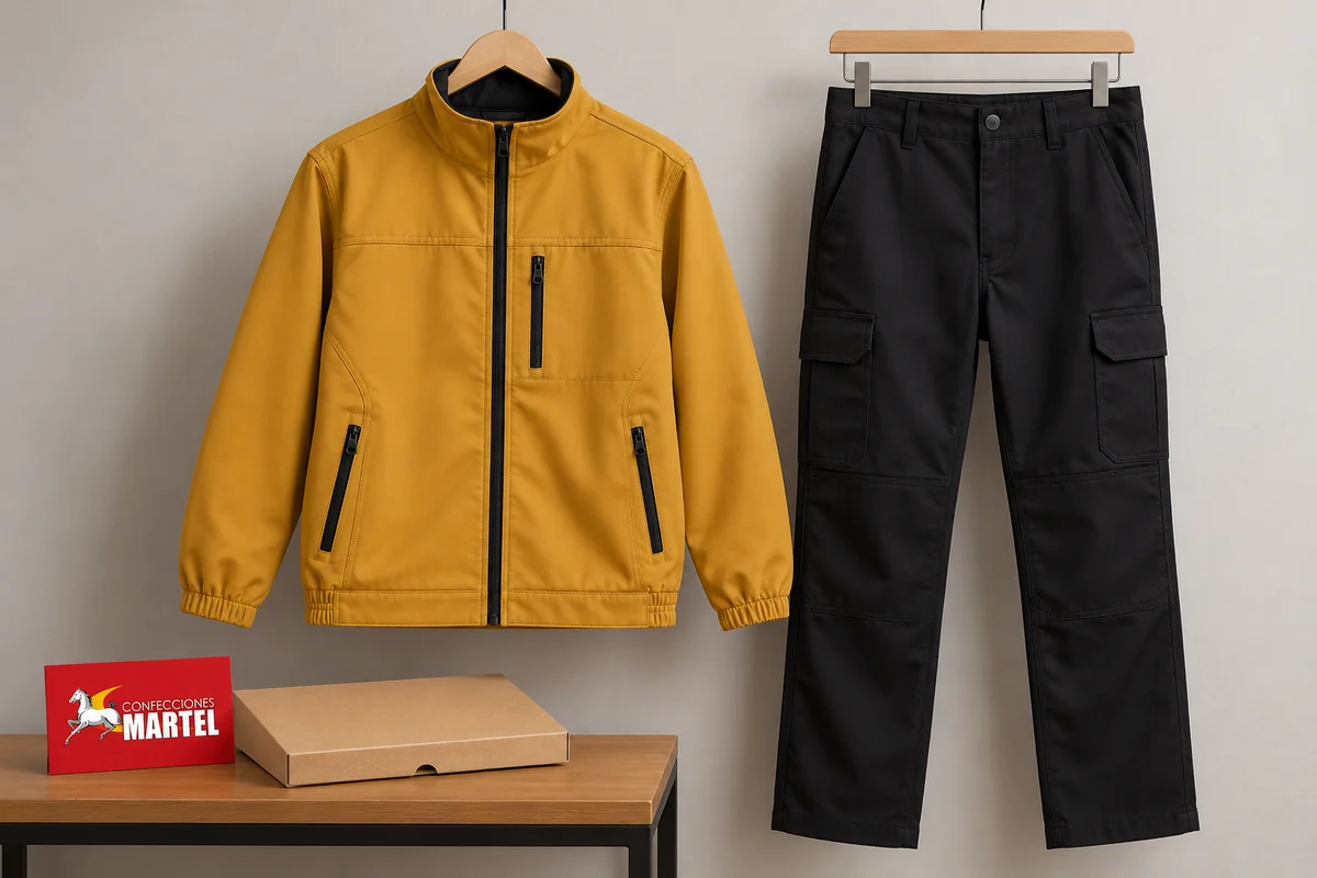 Casaca mostaza y pantalón negro con bolsillos laterales en perchas.