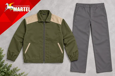 Casaca oliva con hombros arena y pantalón gris extendidos
