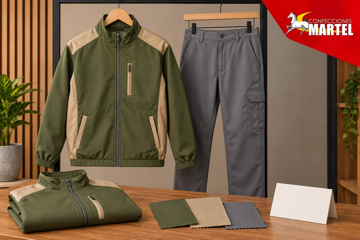Casaca oliva con laterales arena y pantalón cargo gris en perchas