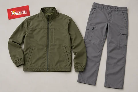 Casaca oliva y pantalón gris acero extendidos sobre superficie clara.