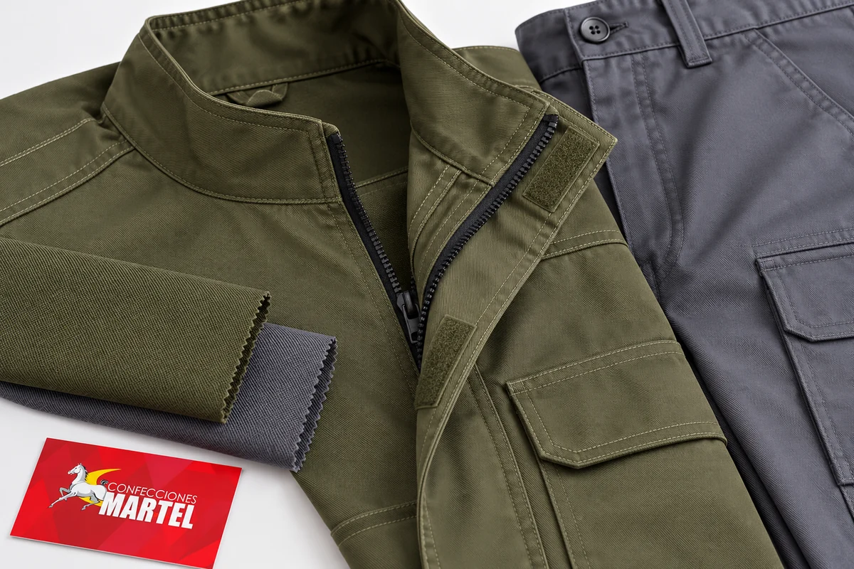 Detalle del cuello y cierre oliva junto a pantalón gris y muestras textiles.