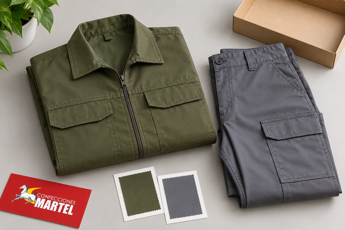 Casaca oliva y pantalón gris doblados junto a telas sobre tarjetas blancas.