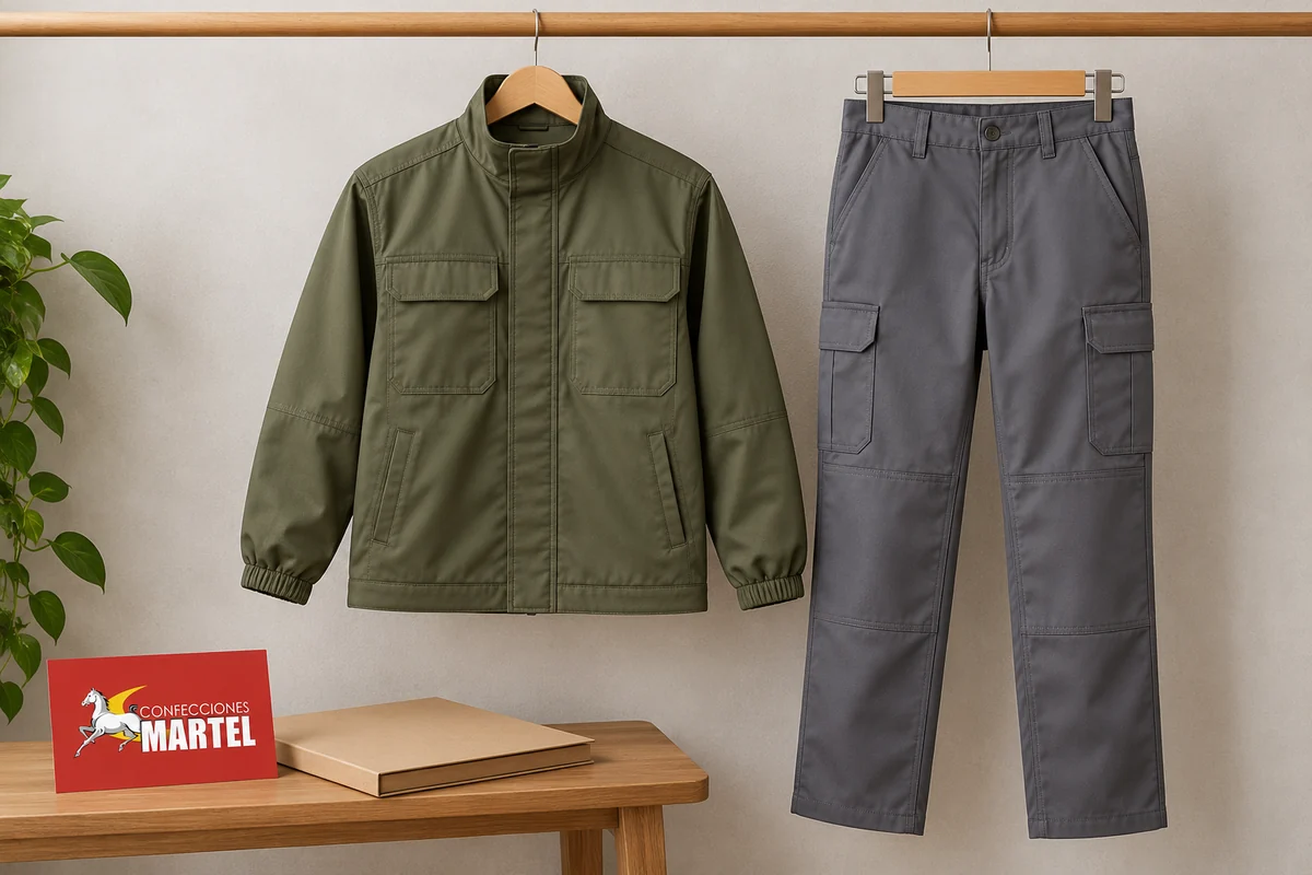 Casaca oliva y pantalón gris con bolsillos laterales en perchas.