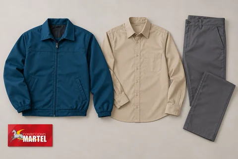 Casaca petróleo, camisa arena y pantalón gris extendidos.