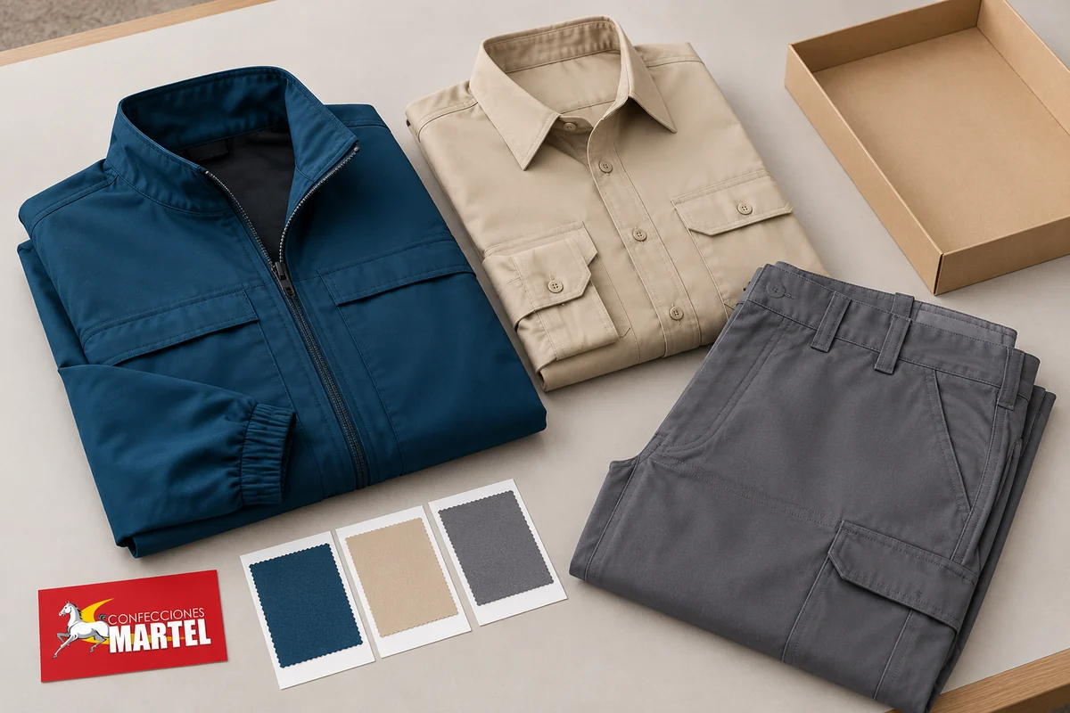 Casaca petróleo, camisa arena y pantalón gris doblados junto a muestras de color.
