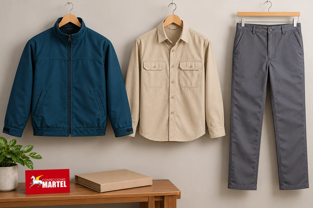 Casaca petróleo, camisa arena y pantalón gris en tres perchas.