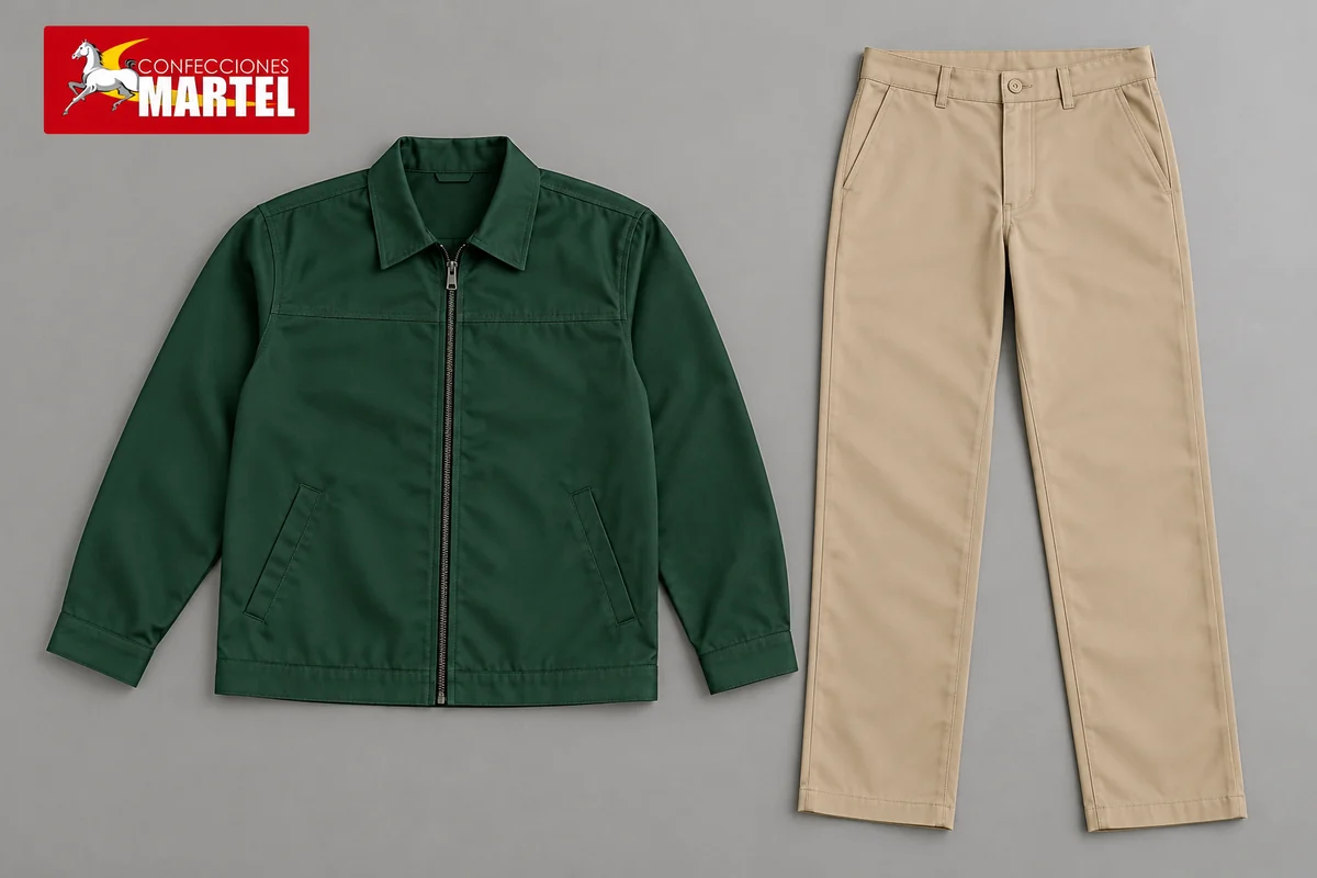 Casaca verde bosque y pantalón arena extendidos por separado