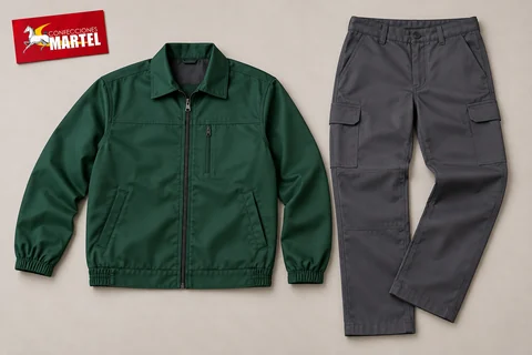 Casaca verde bosque y pantalón grafito extendidos sobre fondo claro.