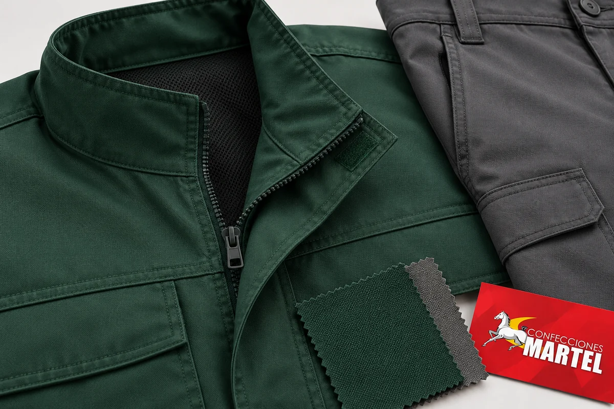 Detalle del cuello, cierre y costuras verdes junto a pantalón gris y telas.