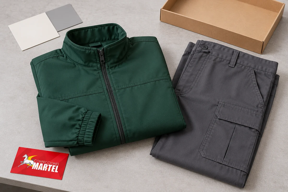 Casaca verde y pantalón gris doblados junto a tarjetas lisas y caja vacía.