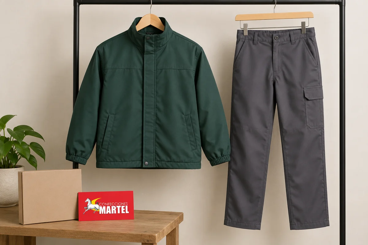 Casaca verde bosque y pantalón grafito en perchas de madera.