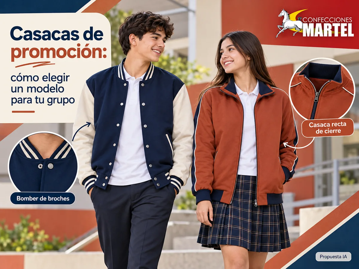 Propuesta ilustrativa Martel: dos estudiantes con bomber de broches y casaca recta de cierre.