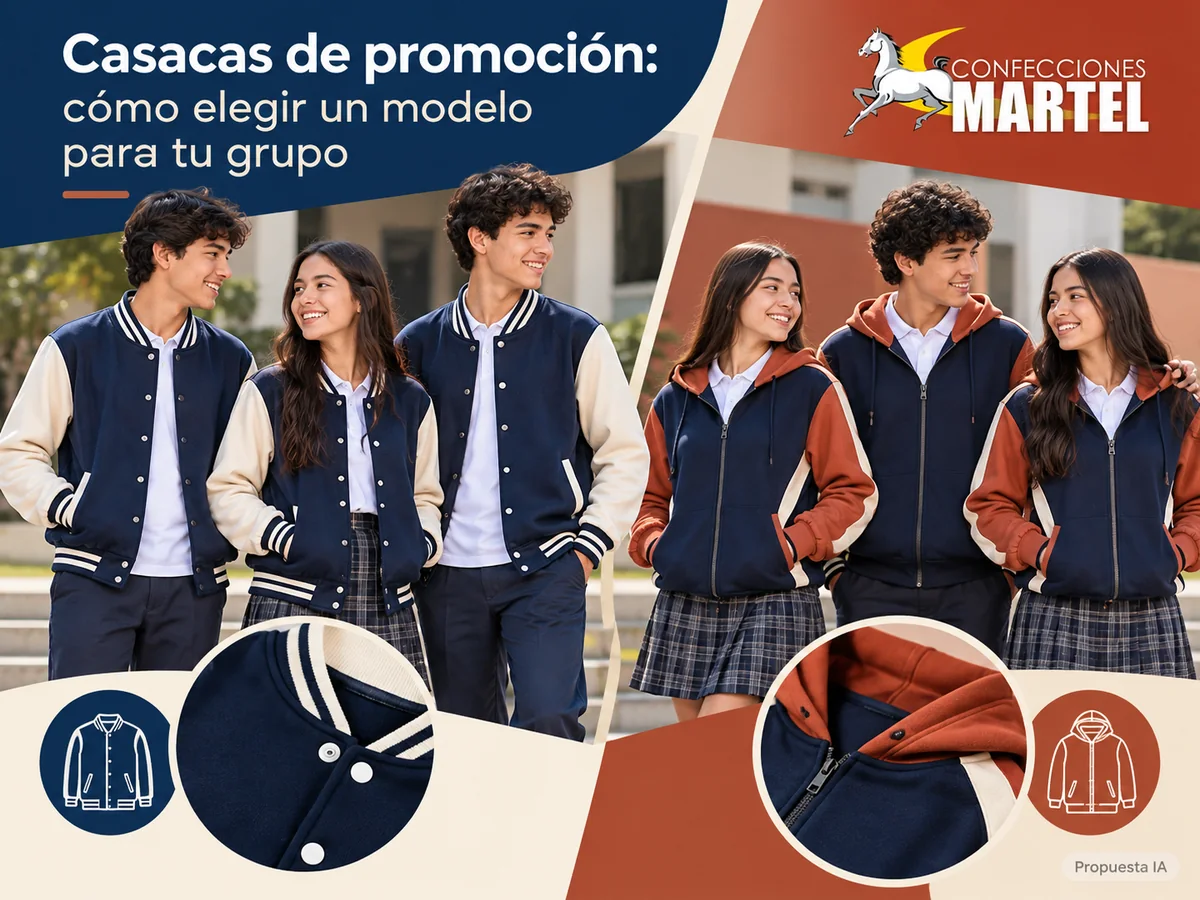 Grupo de adolescentes ficticios comparando bomber azul tinta y marfil con casaca de cierre y capucha azul tinta y terracota.