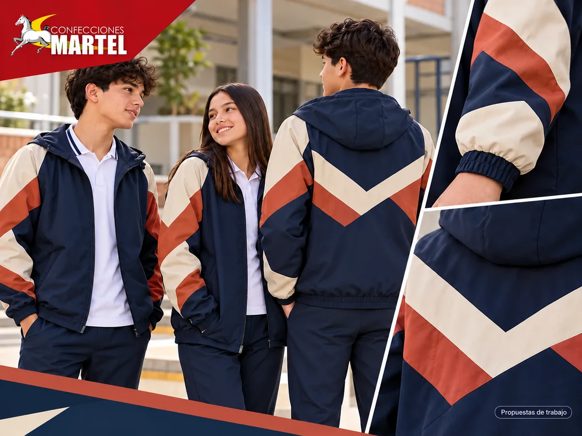 Adolescentes ficticios muestran casacas azul tinta con capucha y paneles geométricos marfil y terracota en mangas y espalda.