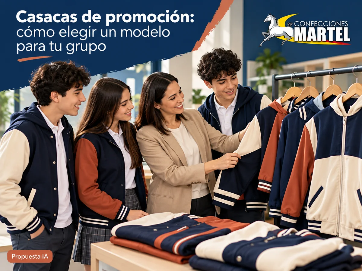 Propuesta ilustrativa Martel: adulto ficticio y adolescentes mirando prendas sobre perchero, sin documentos personales.