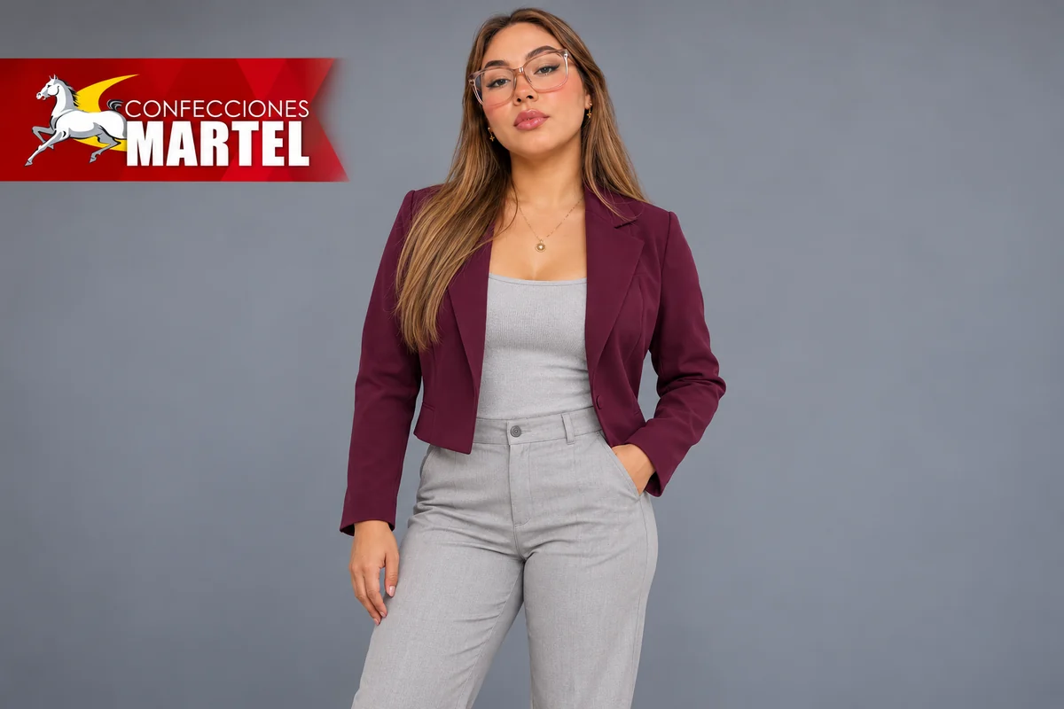 Chaqueta ciruela abierta con solapas y blusa gris