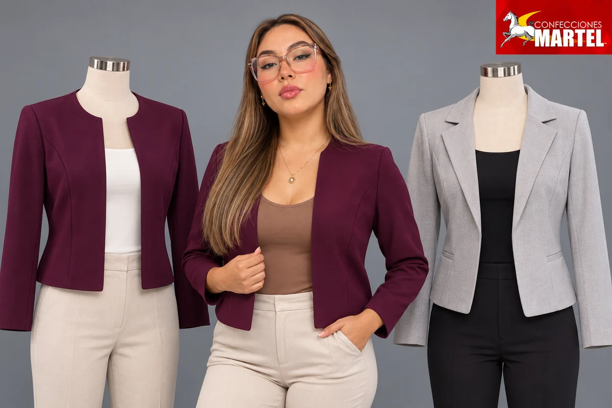 Chaquetas ciruela sin solapa y gris con solapa sobre maniquíes