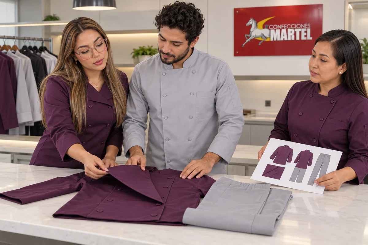 Dos mujeres y un hombre revisan la solapa de una chaqueta ciruela y una ficha ilustrada.