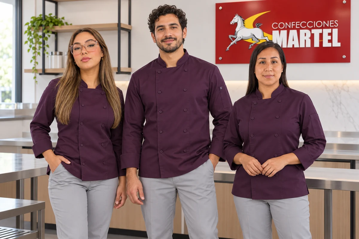 Tres modelos muestran el frente cruzado de chaquetas de chef ciruela.