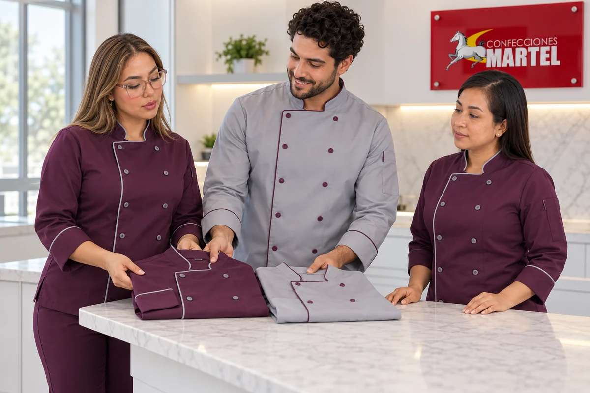 Tres adultos presentan chaquetas cruzadas ciruela y gris sobre una mesa.