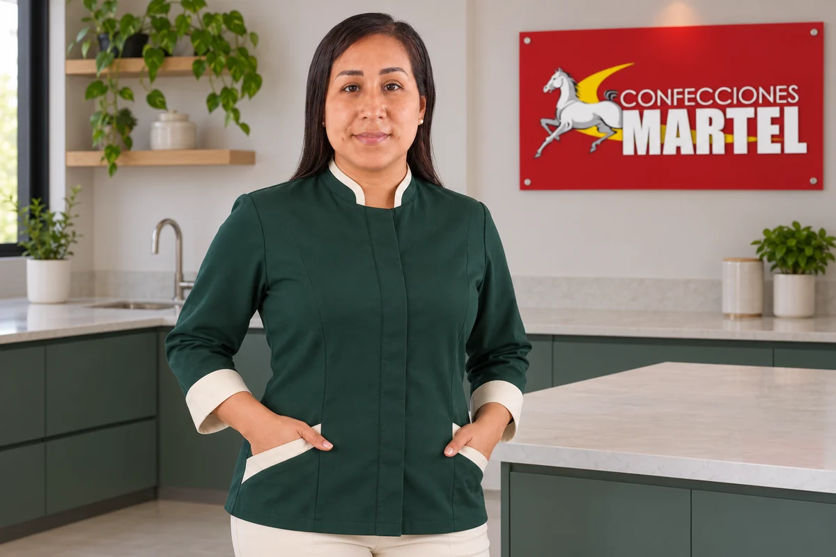 Modelo con chaqueta verde bosque de frente cubierto y detalles marfil.