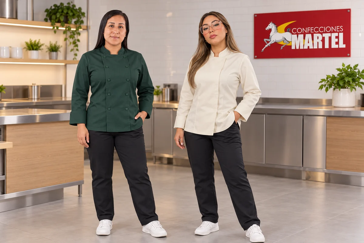 Dos mujeres muestran chaquetas verde bosque y marfil con pantalones oscuros.