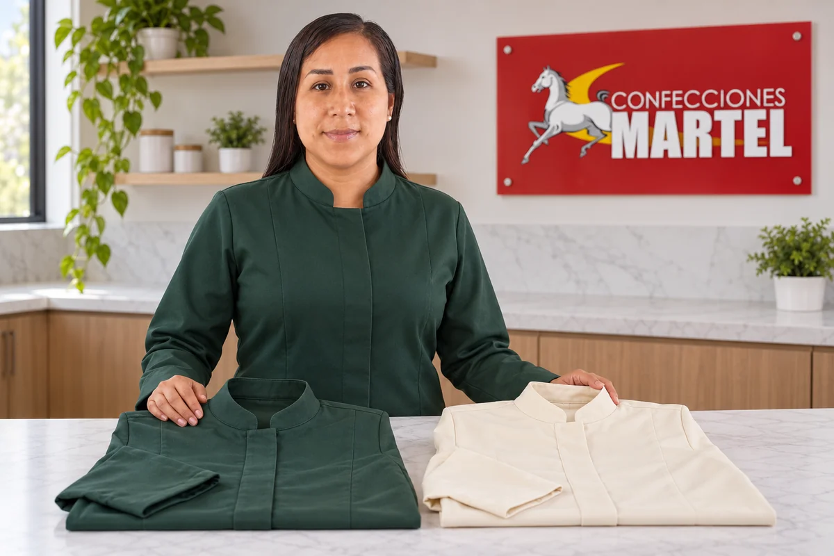 Modelo presenta dos chaquetas de frente cubierto, verde y marfil, sobre una mesa.