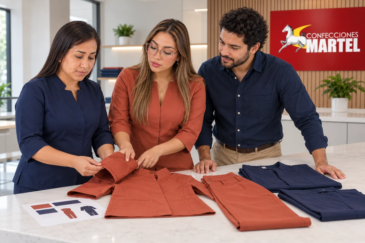 Tres adultos revisan la manga de una chaqueta terracota junto a pantalones de muestra.