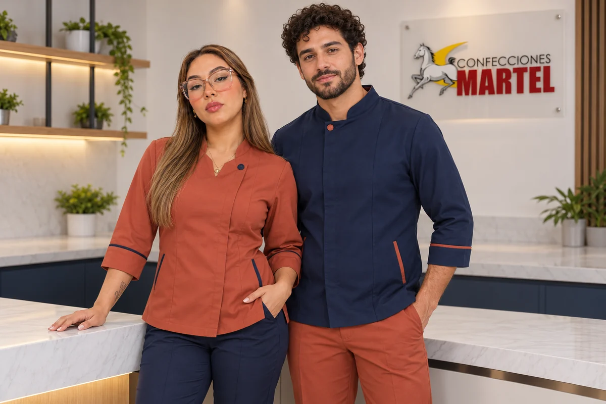 Dos modelos muestran chaquetas terracota y marino con ribetes en los puños.
