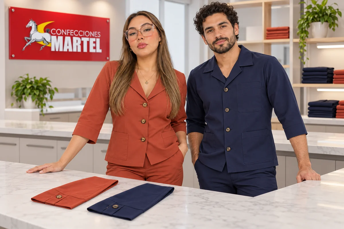 Dos modelos presentan muestras de mangas terracota y azul marino sobre una mesa.