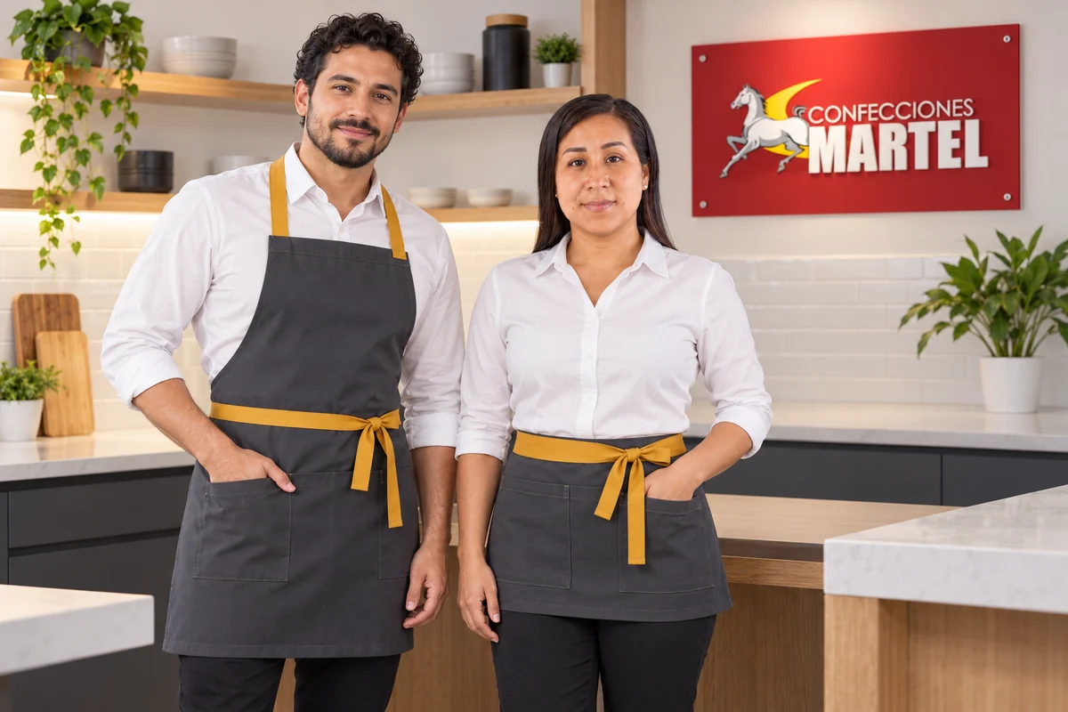 Dos modelos muestran mandiles de pechera y cintura con cintas mostaza.