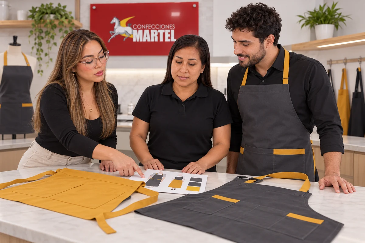 Tres adultos revisan dos mandiles grafito y mostaza extendidos sobre una mesa.