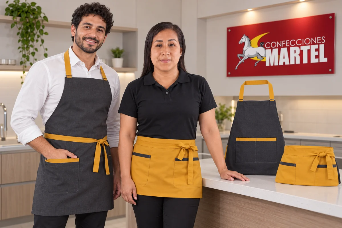 Dos modelos presentan mandiles grafito y mostaza junto a muestras sobre un mostrador.