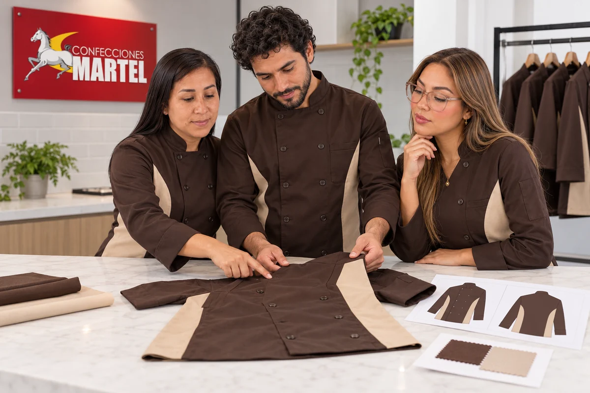 Tres adultos revisan la unión de paneles en una chaqueta chocolate y beige.